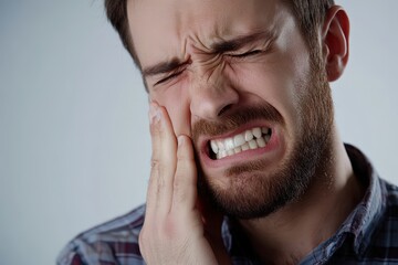 Close-up portrait of a man experiencing facial pain, toothache.