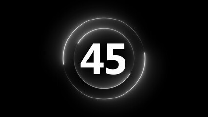 White glowing circle with number 45 inside on black background numeral countdown
