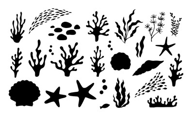 Silhouette of large school of fish, seaweed and coral. Vector illustrations set isolated on white background. Underwater grass, ocean plant icon