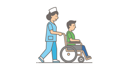 Skilled Nurse Assisting Patient in Wheelchair, Illustrating Healthcare Support and Mobility Solutions for Medical and Rehabilitation Purposes.