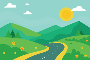 Fototapeta premium Cartoon Landscape with Road, Hills, Sun, Clouds, and Flowers, a Flat Design Style
