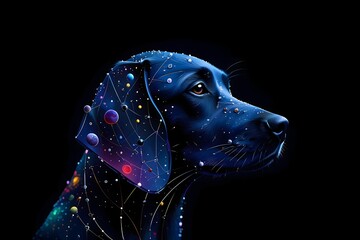 A celestial dog portrait with constellation patterns on its fur against a dark background art piece