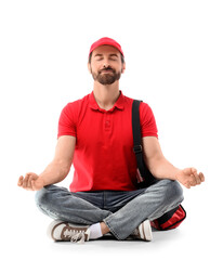 Male courier meditating on white background. Zen concept