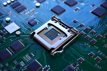 A close up shot of a cpu socket on a motherboard with various components and intricate circuitry