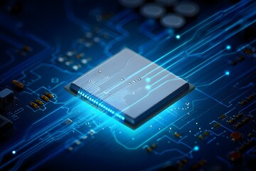 A close up shot of a computer chip with blue glowing lines on a blue circuit board background