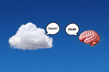 A cloud and a brain with thought and dream bubbles against a vibrant blue sky background image