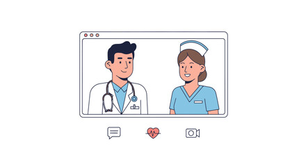 Online Healthcare Consultation Featuring a Doctor and Nurse on a Digital Screen for Telemedicine and Remote Patient Care Services