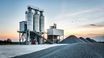 Grey concrete plant in gravel field at sunset