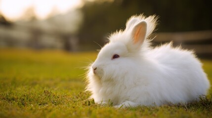 rabbit. A fluffy white rabbit rests on a spring meadow, surrounded by blurred green grass and soft natural light. wildlife magazines.