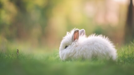 rabbit. A fluffy white rabbit rests on a spring meadow, surrounded by blurred green grass and soft natural light. wildlife magazines.