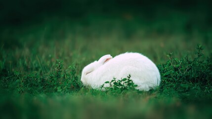 rabbit. A fluffy white rabbit rests on a spring meadow, surrounded by blurred green grass and soft natural light. wildlife magazines.