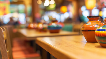 mexican. Colorful decor and wooden tables with traditional pottery fill an authentic Mexican restaurant interior. lifestyle magazines.