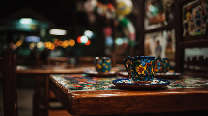 mexican. Colorful decor and wooden tables with traditional pottery fill an authentic Mexican restaurant interior. lifestyle magazines.