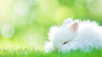 rabbit. A fluffy white rabbit rests on a spring meadow, surrounded by blurred green grass and soft natural light. wildlife magazines.