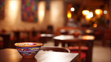 mexican. Colorful decor and wooden tables with traditional pottery fill an authentic Mexican restaurant interior. lifestyle magazines.