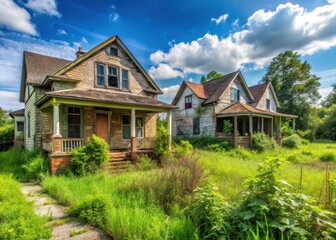 Abandoned homes with overgrown lawns and broken fences