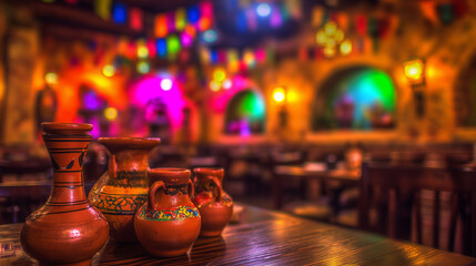 mexican. Colorful decor and wooden tables with traditional pottery fill an authentic Mexican restaurant interior. lifestyle magazines.