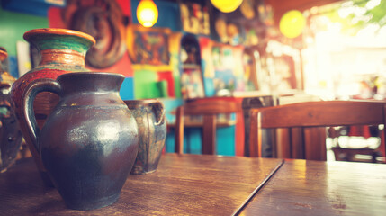 mexican. Colorful decor and wooden tables with traditional pottery fill an authentic Mexican restaurant interior. lifestyle magazines.