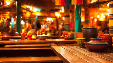 mexican. Colorful decor and wooden tables with traditional pottery fill an authentic Mexican restaurant interior. lifestyle magazines.