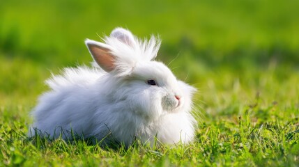 rabbit. A fluffy white rabbit rests on a spring meadow, surrounded by blurred green grass and soft natural light. wildlife magazines.