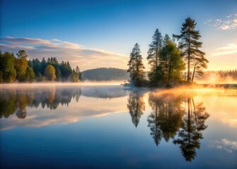 Obraz premium A serene lake at dawn with mist rising from the water's surface and trees reflected in the calm lake