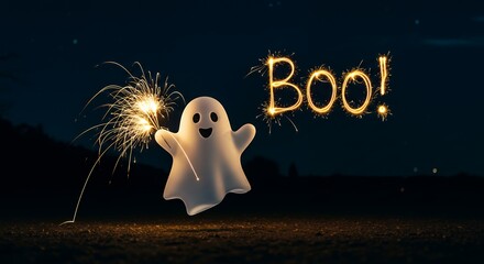 Cute ghost holding sparkler lights, glowing trails forming “boo!” in the air