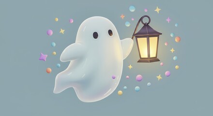 Friendly ghost holding a glowing lantern with pastel sparkles floating around