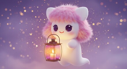 Kawaii ghost holding a candle lantern with glittery purple and orange light