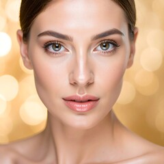 Close-up portrait of a woman with flawless skin and neutral makeup against a bokeh background