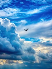 Fototapeta premium Solitary bird flying beneath layered clouds in blue Erzurum sky