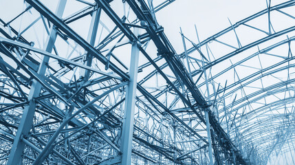girders. Steel frame structure under construction with ambient lighting and minimal background, real-estate listings.