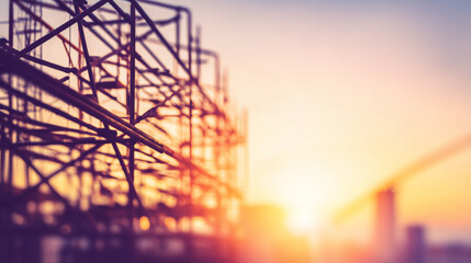 girders. Steel frame structure under construction with ambient lighting and minimal background, real-estate listings.