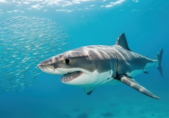 Obraz premium Majestic great white shark swimming gracefully through crystal clear ocean waters underwater