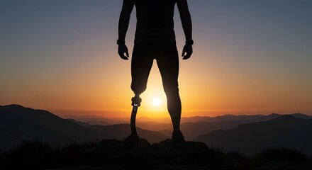  Man with Prosthetic Leg Standing on Mountain Peak at Sunset, Concept of happy people with disabilities with prosthetic leg.
