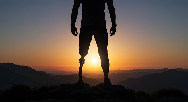  Man with Prosthetic Leg Standing on Mountain Peak at Sunset, Concept of happy people with disabilities with prosthetic leg.
