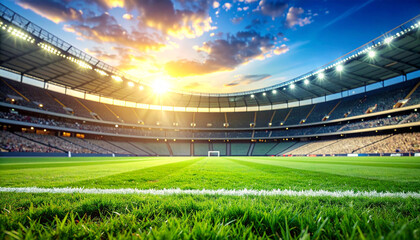 Low-angle view of an empty sports stadium pitch with lush green grass. The sun bursts over the stands with a dramatic sky. Perfect for championship and game day themes.