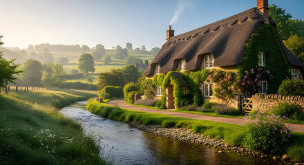 Row of vibrant, colorful terraced house buildings on a cliff overlooking the sea in a picturesque coastal village in England