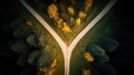 direction. Forked country road through autumn forest during golden hour, symbolizing choices and journeys. representing seasonal cycles and harvest abundance.