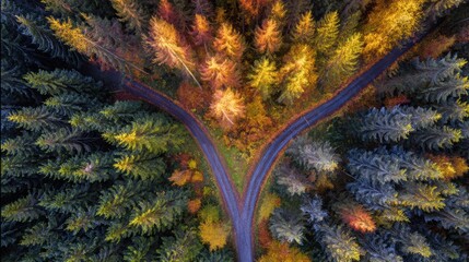 direction. Forked country road through autumn forest during golden hour, symbolizing choices and journeys. representing seasonal cycles and harvest abundance.