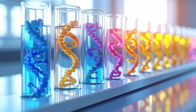 Colorful Dna Strands in Test Tubes on Reflective Surface Under Bright Clinical Light Representing Genetic Research and Medical Advancements