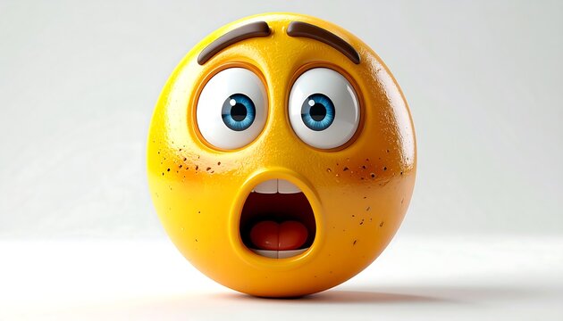 A vibrant, shocked yellow sphere, eyes wide, mouth agape, set against a clean white backdrop - Powered by Adobe