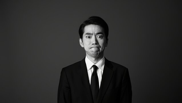 Black-and-white portrait of a young man in a suit and tie, making a playful pouty face against a dark gray background.