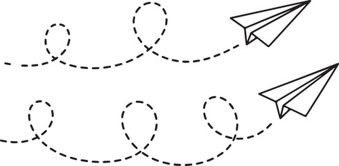 Illustration of two paper airplanes flying with dashed lines isolated on white background