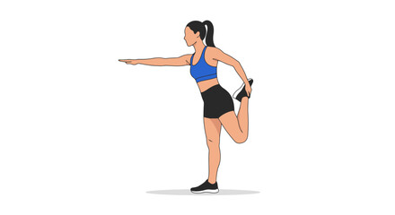 Woman performing standing quad stretch for fitness and flexibility training, suitable for fitness app illustrations and health and wellness educational content.