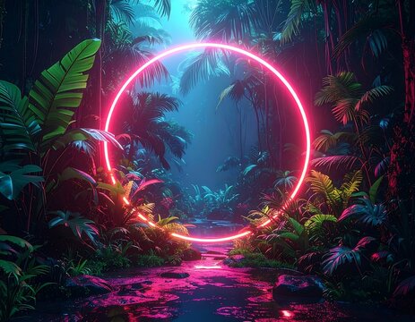 A vibrant, stylized jungle scene illuminated by a glowing pink ring, with lush flora and a reflective stream - Powered by Adobe
