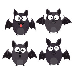 Four cartoon bats with different expressions, including sticking out tongue, surprised, winking, and goofy.