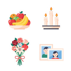 Four illustrations: fruit bowl, lit candles, flower bouquet, and framed portraits of a man and woman.