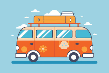 Orange Retro Van with Luggage Rack, Suitcases, and Cloud Background Illustration Design