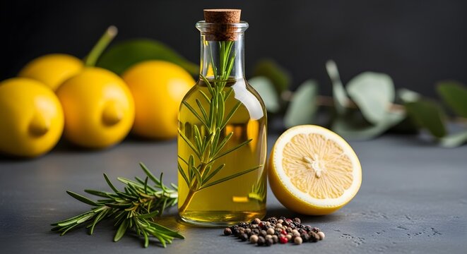A close-up shot features a bottle of lemon-infused olive oil with rosemary sprigs, a halved lemon, and peppercorns, all on a gray surface. - Powered by Adobe