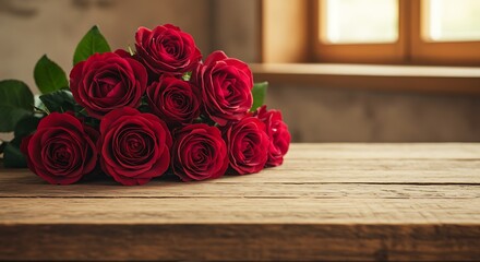 Close up of red roses on a wooden table with window background